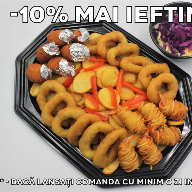 Platou rapid 9 fructe de mare - contine calamar pane, muslitos, creveti in cartofi, cartofi grecesti, salata de varza alba si varza rosie - recomandare de consum 3 persoane - 123 lei. Pretul afisat este cel cu reducerea de 10% aplicata.