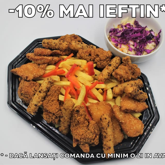 Platou rapid 8 pui - contine aripi crocante de pui, snitel de pui, gujoane de mozzarella, cartofi prajiti, salata de varza alba si rosie - recomandare de consum 3 persoane - 113 lei. Pretul afisat este cel cu reducerea de 10% aplicata.