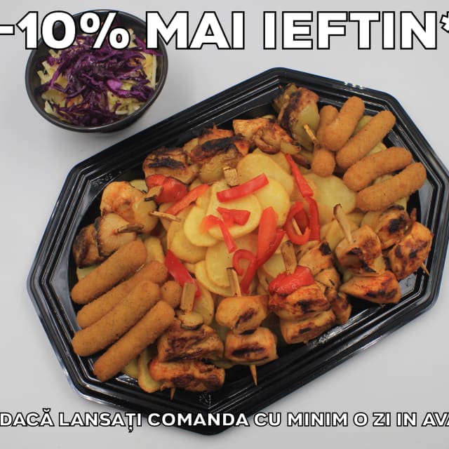 Platou rapid 5 frigarui porc - contine frigarui de porc, mozzarella sticks, cartofi wedges, salata de varza alba cu varza rosie - recomandare de consum 3 persoane - 123 lei. Pretul afisat este cel cu reducerea de 10% aplicata.