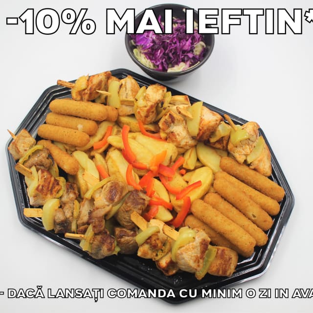 Platou rapid 3 frigarui mixt - contine frigarui de pui, frigarui de porc, mozzarella sticks, cartofi wedges, salata de varza alba si varza rosie - recomandare de consum 3 persoane - 123 lei. Pretul afisat este cel cu reducerea de 10% aplicata.