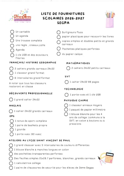 Aperçu du document : Fournitures Classes de Segpa