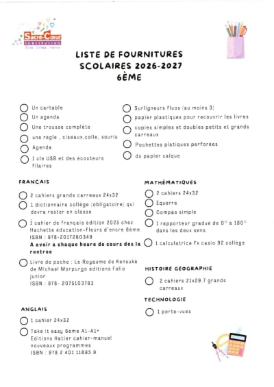 Aperçu du document : fournitures 6°