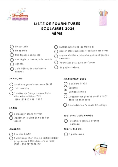 Aperçu du document : Fournitures 4°