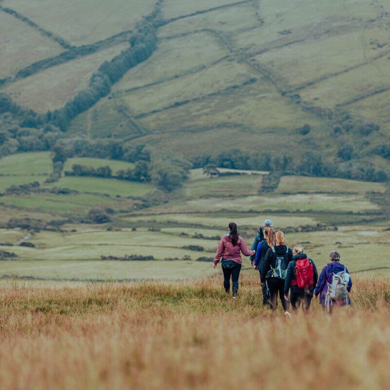 Group of people walking through big grass mountains.
