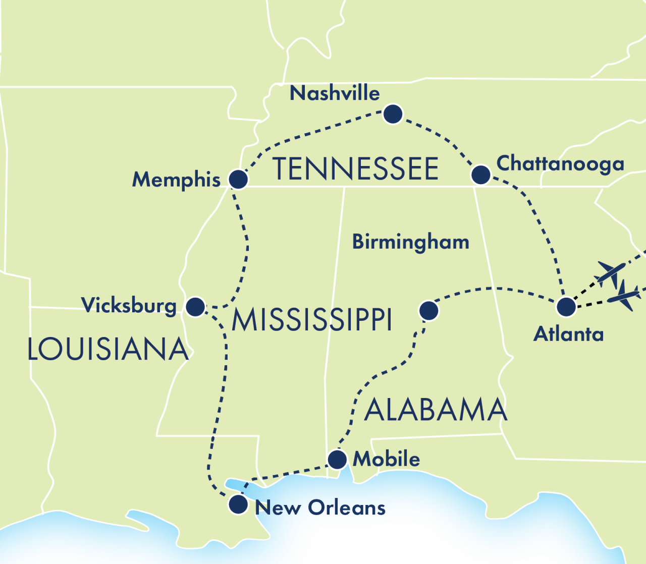 Deep South Discovery tour map
