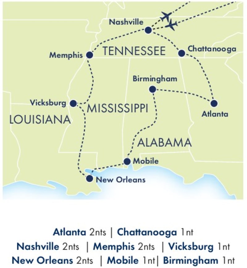 Deep South Discovery tour map