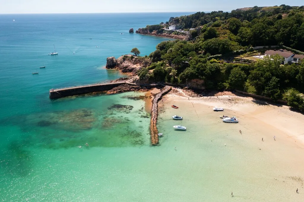 An aerial shot of the pier at St. Brelade's Bay