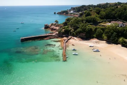 An aerial shot of the pier at St. Brelade's Bay