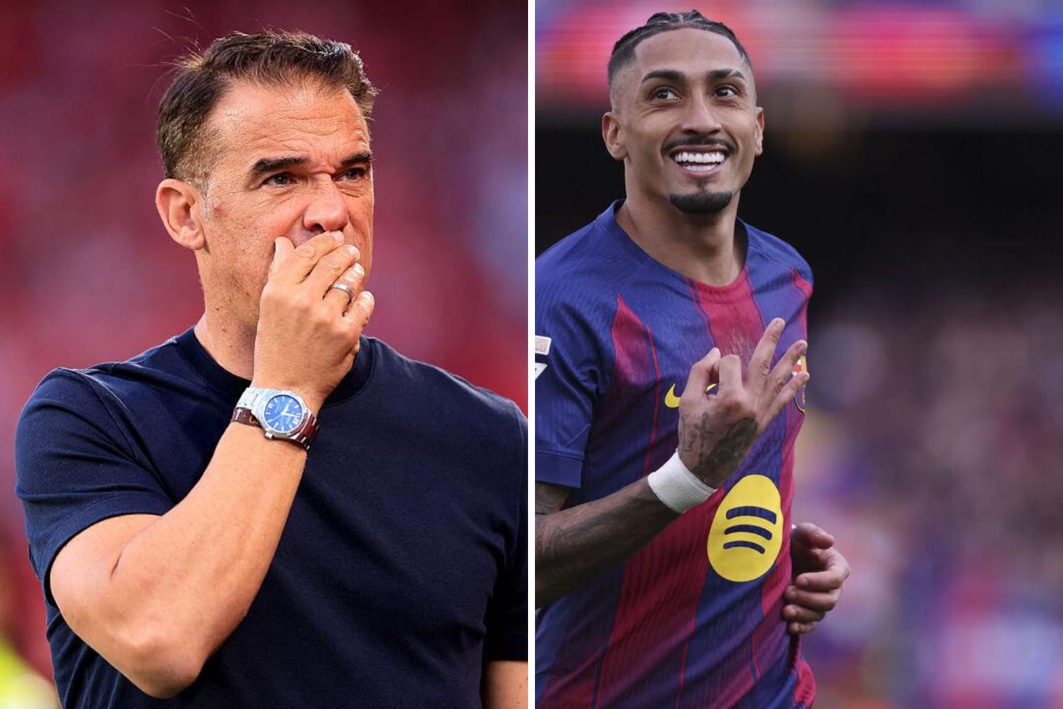 Raphinha alongside Sevilla coach Luis García Plaza following Barcelona's 3-1 win over Sevilla in La Liga