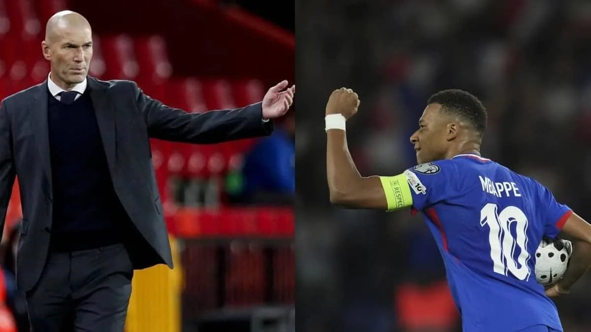 Zinedine Zidane with Kylian Mbappé during his first international window as France head coach