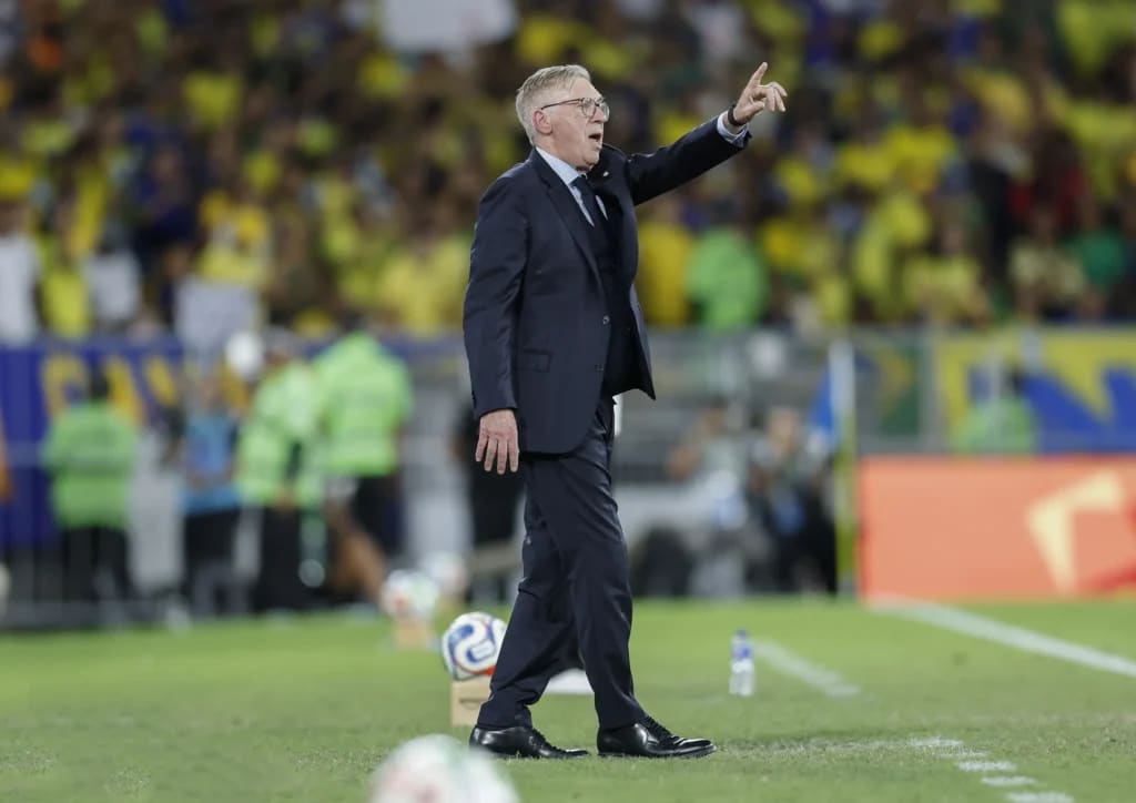 Carlo Ancelotti, Brazil head coach, pictured on the touchline during a 2026 international fixture