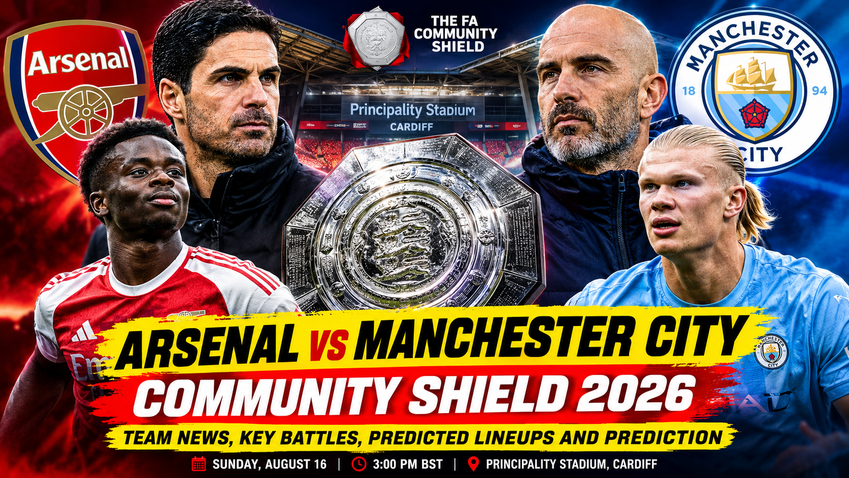 Arsenal vs Manchester City Community Shield 2026: Team News, Key Battles, Predicted Lineups and Prediction