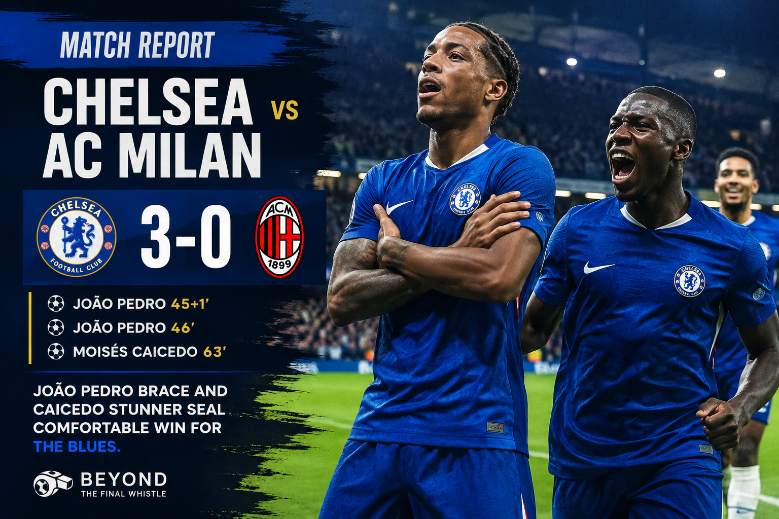 Chelsea vs AC Milan Match Report: João Pedro Brace Powers Blues to Dominant 3-0 Victory