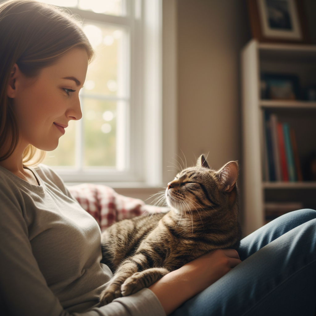Một bức ảnh chụp ngang tầm mắt đầy cảm xúc, ghi lại khoảnh khắc một người đang mỉm cười nhẹ nhàng và chớp mắt chậm về phía chú mèo của họ đang nằm thoải mái trên đùi. Chú mèo cũng đáp lại bằng một cái chớp mắt chậm. Cảnh được tắm trong ánh sáng tự nhiên từ cửa sổ gần đó, tạo ra một không khí ấm áp và thân mật. Tiêu điểm tập trung vào sự kết nối và khoảnh khắc sẻ chia giữa con người và động vật. --ar 16:9