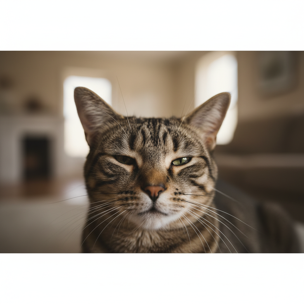 Một bức ảnh điện ảnh cận cảnh, chi tiết cao, chụp khuôn mặt của một chú mèo mướp trong ánh sáng ấm áp, dịu nhẹ. Đôi mắt mèo lim dim trong một cái chớp mắt chậm rãi, thanh thản, nhìn thẳng vào máy ảnh. Tiêu điểm sắc nét vào đôi mắt và bộ ria mép, với phông nền là một phòng khách ấm cúng được làm mờ nhẹ nhàng. Bầu không khí yên bình và trìu mến. --ar 16:9
