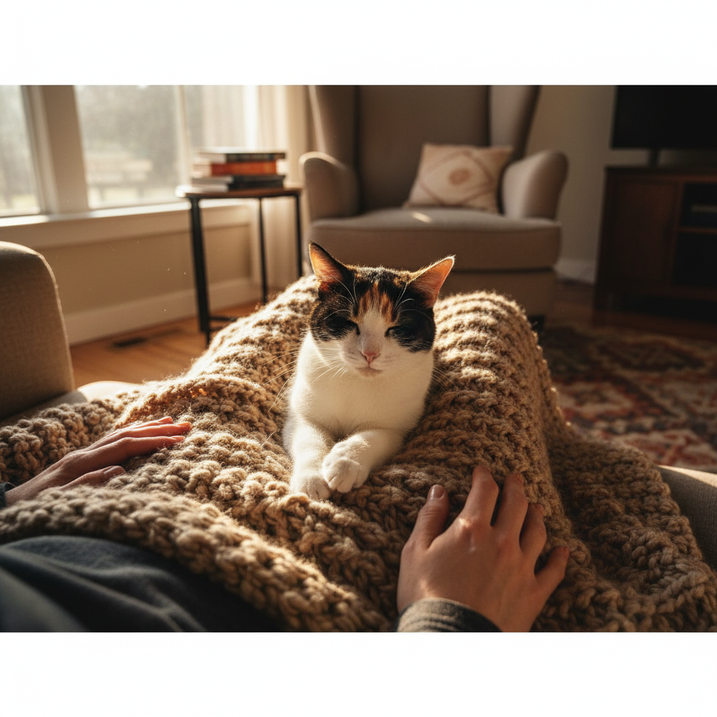 Một khung cảnh ấm cúng trong phòng khách. Một chú mèo tam thể xinh xắn đang lim dim mắt, khoan khoái 'nhào bột' trên chiếc chăn len mềm mại đặt trên đùi chủ nhân. Ánh nắng chiều dịu nhẹ chiếu qua cửa sổ, tạo nên một không khí yên bình và đầy tình yêu thương. Phong cách nhiếp ảnh chân thực, ánh sáng tự nhiên, tông màu ấm áp.