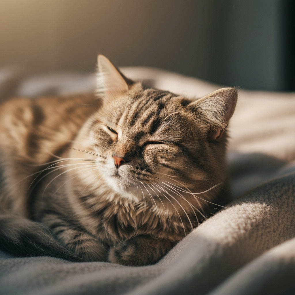 Ảnh chụp cận cảnh, siêu chi tiết một chú mèo Anh lông dài đang lim dim trong hạnh phúc, cuộn mình trên một chiếc chăn len ấm áp. Ánh nắng ban mai dịu nhẹ chiếu vào, làm nổi bật từng sợi lông tơ mềm mại và bộ ria mép tinh tế. Sự rung động nhẹ ở cổ họng khi mèo rên gừ gừ được thể hiện một cách tinh tế. Bối cảnh mờ ảo, tập trung hoàn toàn vào vẻ mặt bình yên của chú mèo. Phong cách nhiếp ảnh nghệ thuật, ánh sáng điện ảnh.