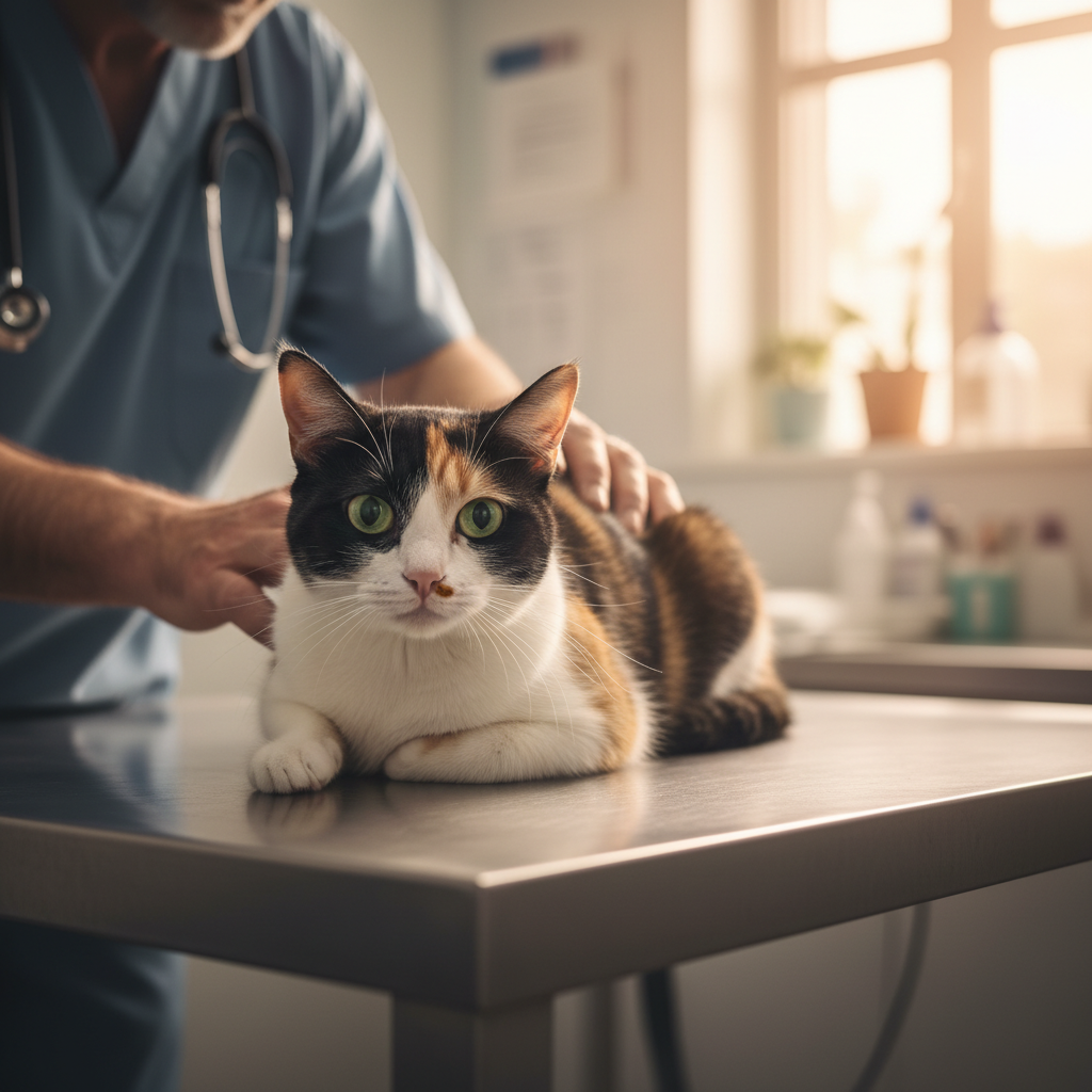 Một hình ảnh đầy cảm xúc về một chú mèo đang nằm trên bàn khám của bác sĩ thú y. Bác sĩ đang nhẹ nhàng đặt tay lên người nó. Mắt mèo mở to, có chút lo lắng nhưng nó vẫn đang rên gừ gừ, như một nỗ lực để tự làm mình bình tĩnh. Ánh sáng trong phòng khám dịu nhẹ, tập trung vào sự tương tác nhẹ nhàng giữa bác sĩ và chú mèo, gợi lên sự đồng cảm và quan tâm.