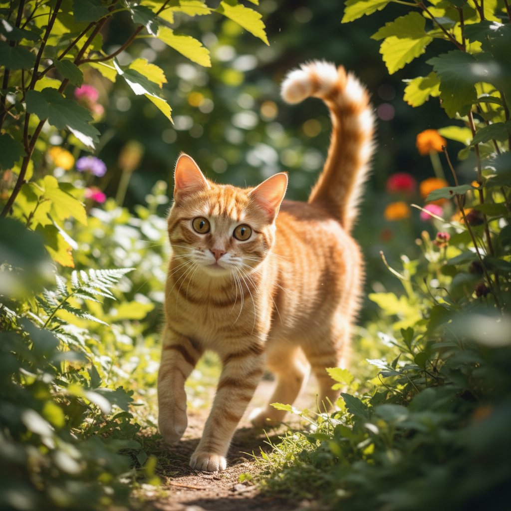 A delightful, dynamic shot of a ginger tabby cat with a 'question mark' tail, looking back playfully at the camera. The cat is in a sun-dappled garden, surrounded by soft green foliage. Its eyes are wide with curiosity and joy. The image captures a moment of pure happiness and playfulness. Warm, natural lighting, shallow depth of field.
