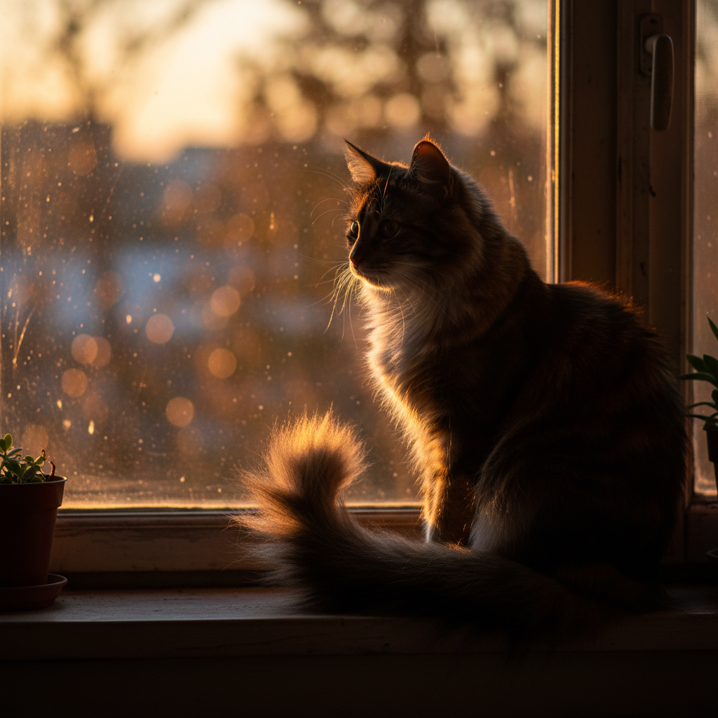 A stunning, detailed photograph of a beautiful calico cat sitting on a windowsill, silhouetted against a soft golden hour sunset. Its long, elegant tail is gently curled around its paws. The focus is sharp on the cat's expressive tail and the warm, gentle lighting highlights the texture of its fur. Cinematic, bokeh background, highly detailed, photorealistic.