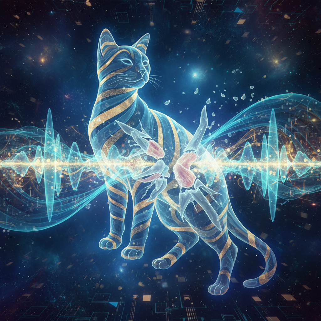 Một hình ảnh minh họa theo phong cách nghệ thuật trừu tượng. Hình bóng một chú mèo được tạo nên từ những dải ánh sáng màu xanh lam và vàng kim. Từ cơ thể mèo, những sóng âm thanh tỏa ra, chạm vào và 'chữa lành' một hình ảnh mô phỏng cấu trúc xương và mô bị tổn thương. Bầu không khí mang cảm giác vừa khoa học, vừa huyền diệu, thể hiện sức mạnh chữa lành vô hình.