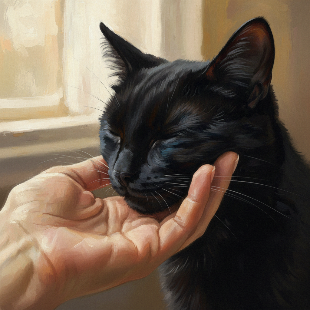 Ảnh chụp cận cảnh một chú mèo đen tuyền đang dụi đầu nhẹ nhàng vào tay người chủ. Mắt mèo nhắm nghiền trong sự tin tưởng. Tiêu điểm tập trung vào điểm tiếp xúc giữa trán mèo và da người, thể hiện sự kết nối sâu sắc. Ánh sáng mềm mại, hậu cảnh mờ, nhấn mạnh vào khoảnh khắc thân mật. Tranh sơn dầu kỹ thuật số, chi tiết cao, cảm xúc.