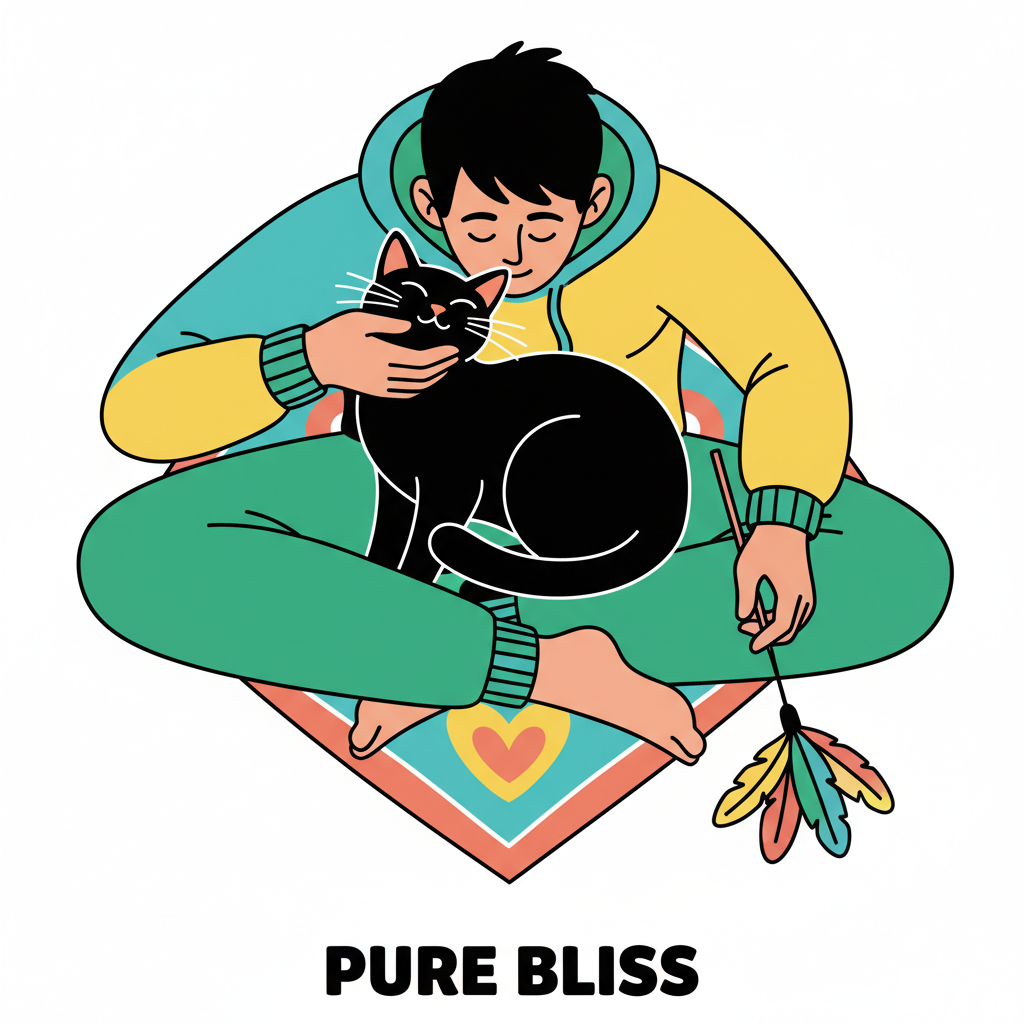 Góc nhìn từ trên xuống, một người đang ngồi trên sàn nhà, một tay đang gãi cằm một chú mèo mun đang lim dim hưởng thụ. Tay còn lại cầm một chiếc cần câu mèo với chùm lông vũ sặc sỡ. Chú mèo trông hoàn toàn thư giãn và hạnh phúc, hoàn toàn tập trung vào sự tương tác với chủ thay vì bản năng săn mồi bên ngoài. Phong cách: nghệ thuật vector hiện đại, màu sắc tươi sáng, tập trung vào sự kết nối giữa người và vật nuôi.