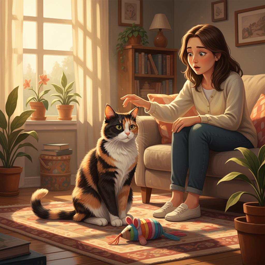 Một chú mèo tam thể xinh đẹp đang ngồi nghiêm chỉnh trên tấm thảm trong phòng khách, ánh mắt đầy tự hào nhìn về phía chủ nhân. Dưới chân nó là một con chuột đồ chơi sặc sỡ, được đặt ngay ngắn như một món quà dâng tặng. Người chủ, ngồi trên ghế sofa, có biểu cảm ngạc nhiên xen lẫn trìu mến, một tay đưa ra như muốn xoa đầu chú mèo. Ánh nắng ấm áp chiếu qua cửa sổ, tạo nên một khung cảnh gia đình bình yên và hài hước. Phong cách: tranh kỹ thuật số ấm áp, chi tiết, giàu cảm xúc.