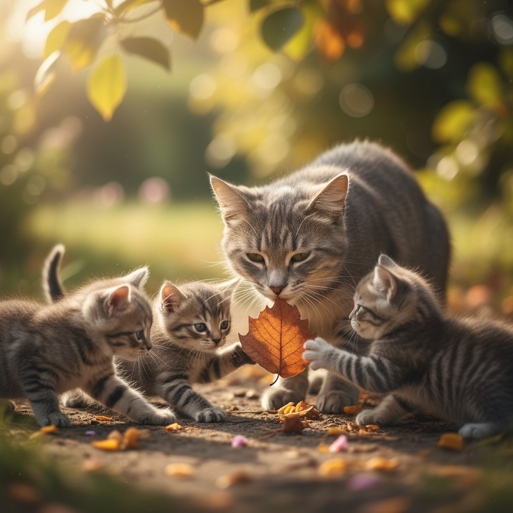 Cận cảnh một cô mèo mẹ lông xám đang nhẹ nhàng dùng mũi hích một chiếc lá khô về phía đàn con nhỏ của mình trong một khu vườn đầy nắng. Lũ mèo con, mắt mở to tò mò, vây quanh 'con mồi' giả, một vài con đang giơ chân khều khều. Khung cảnh toát lên sự dịu dàng, bài học và tình mẫu tử thiêng liêng. Phong cách: nhiếp ảnh thiên nhiên, soft focus, tông màu ấm áp.