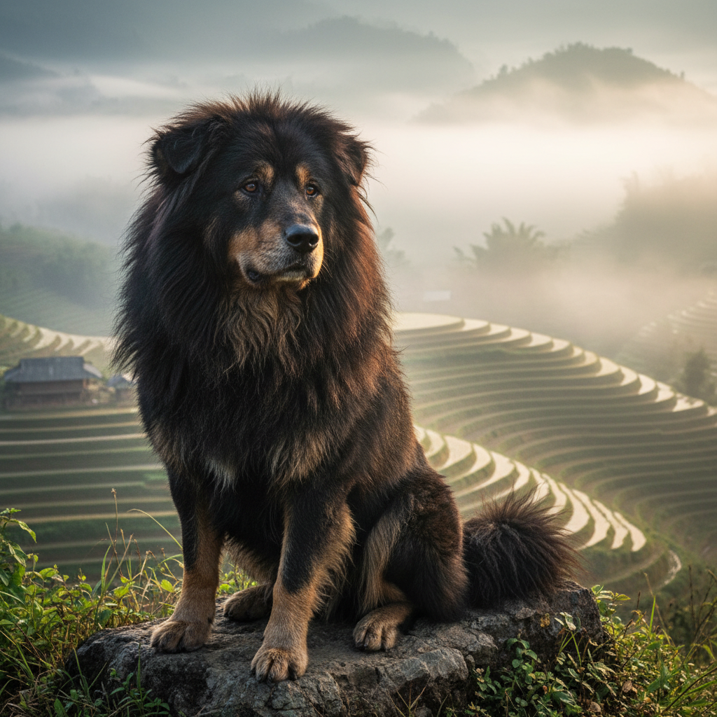 A stunning Bac Ha dog with a thick, lion-like mane of dark fur, sitting proudly on a rocky outcrop overlooking the misty, terraced rice fields of Sapa, Vietnam. The morning light breaks through the fog, highlighting the dog's majestic and wise expression. National Geographic style photography.