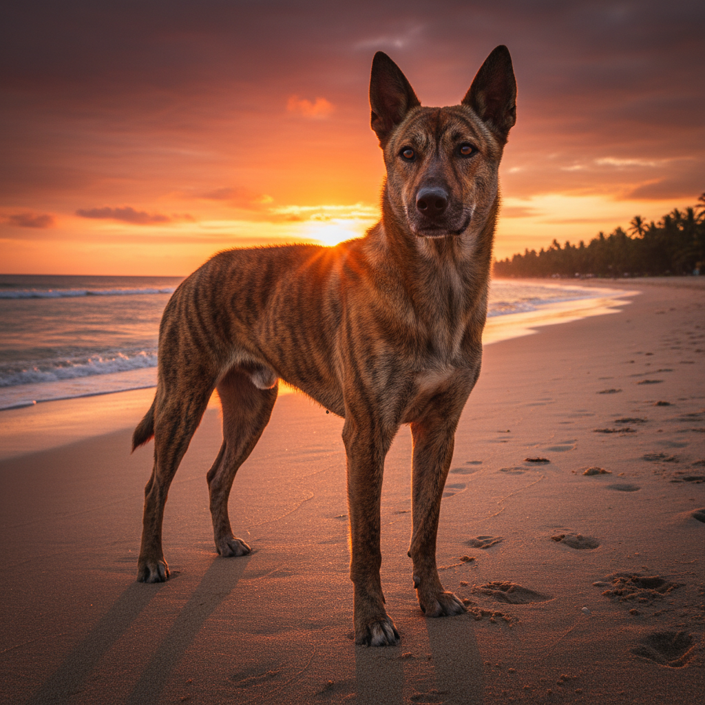 A majestic Phu Quoc Ridgeback dog with a brindle coat, standing alertly on a sandy beach at sunset on Phu Quoc island. The focus is on its distinctive back ridge and intelligent eyes. The background shows calm ocean waves and a fiery orange sky. High-detail photography, dramatic lighting.