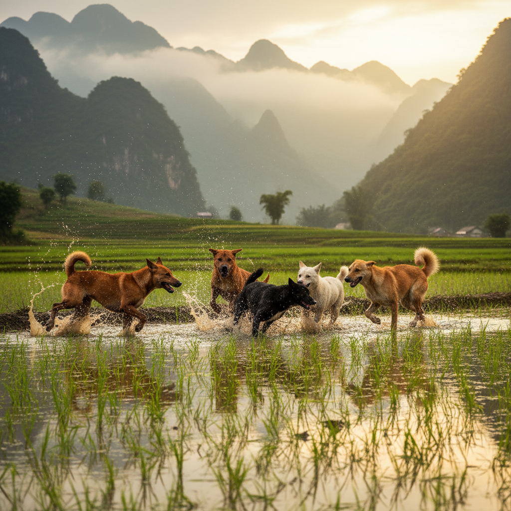 An artistic and vibrant photo of five different Vietnamese native dogs (Phu Quoc Ridgeback, H'mong Cộc, Bac Ha, Indochina Dingo) playing together joyfully in a lush, green rice paddy field in rural Vietnam, with misty mountains in the background. The lighting is warm and golden, capturing a sense of friendship and national pride. Hyperrealistic, detailed, cinematic lighting.