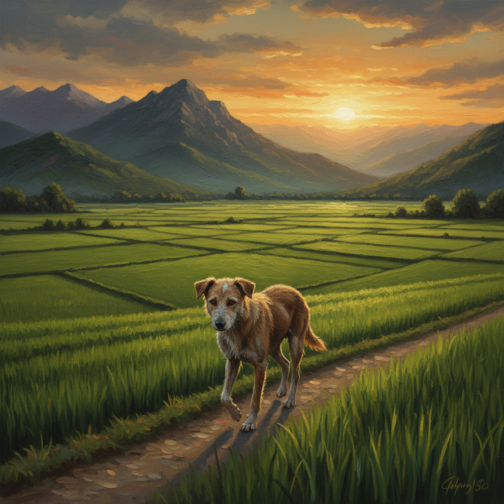 Một chú chó cỏ gầy gò, bộ lông bám đầy bụi đường, đang băng qua một cánh đồng lúa xanh mướt dưới ánh hoàng hôn. Dáng vẻ mệt mỏi nhưng đôi mắt vẫn ánh lên sự kiên định, quyết tâm. Phía xa là những dãy núi trập trùng. Bức tranh thể hiện hành trình dài và gian khổ nhưng không lay chuyển được ý chí tìm về với chủ. Phong cách tranh sơn dầu, điện ảnh, hùng vĩ.