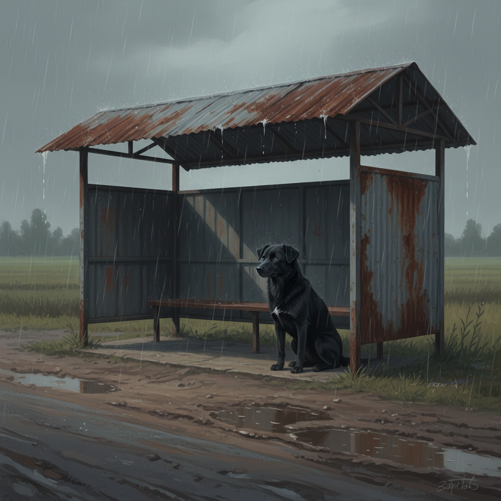 Một chú chó cỏ màu đen tuyền đang ngồi một mình dưới mái che của một trạm xe buýt cũ kỹ, hoen gỉ ở vùng quê Việt Nam. Trời đang mưa lất phất, con đường đất phía trước vắng lặng. Ánh mắt chú chó hướng về phía xa xăm, chứa đầy sự chờ đợi, hy vọng và một nỗi buồn man mác. Bức tranh mang gam màu trầm, gợi cảm giác cô đơn và lòng trung thành bất diệt. Phong cách digital painting, u buồn, chi tiết.