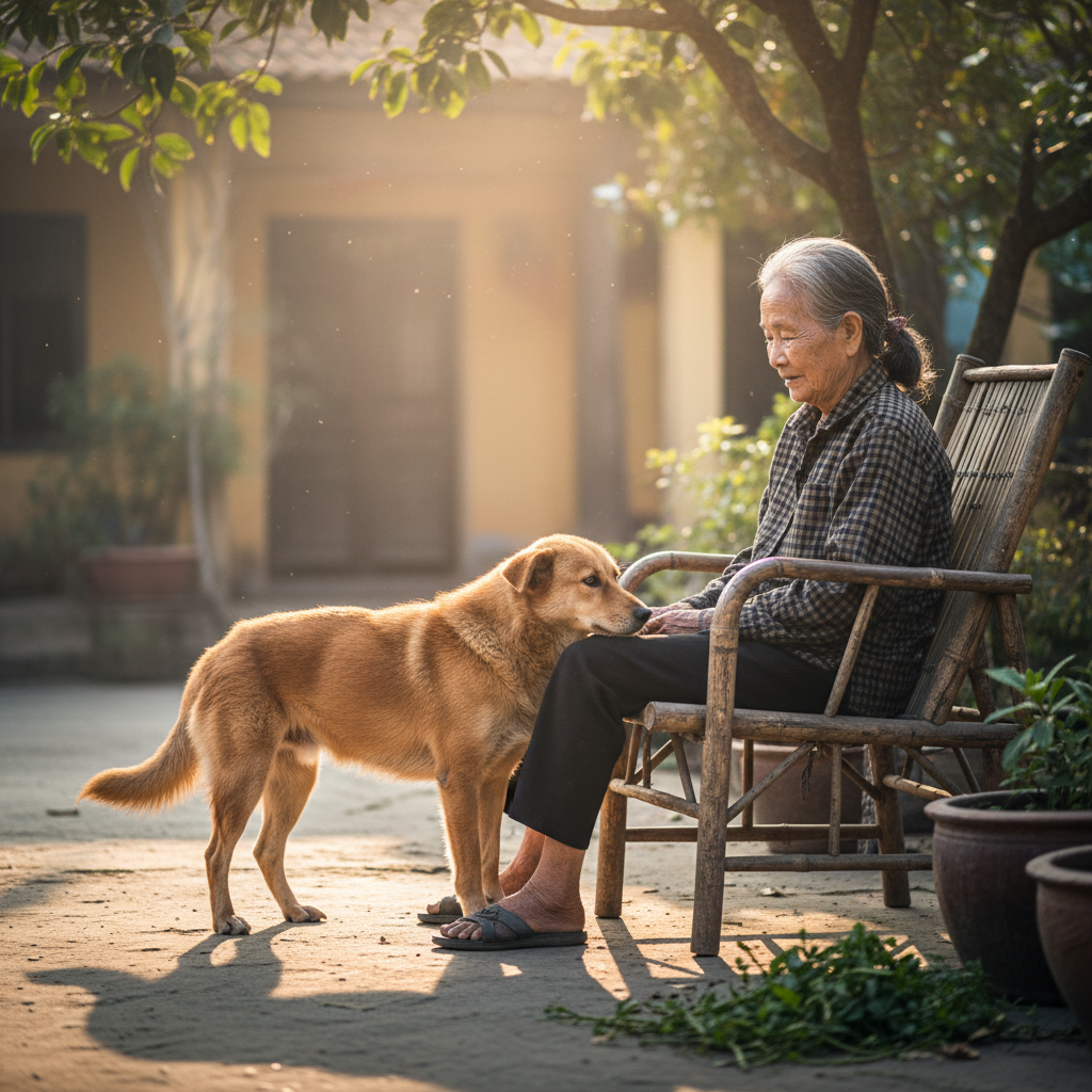 Một chú chó cỏ Việt Nam có bộ lông màu vàng đất, đôi mắt hiền từ và thông minh, đang trìu mến dụi đầu vào chân người chủ đang ngồi trên chiếc ghế tre cũ kỹ trong một sân nhà ở vùng nông thôn Việt Nam. Ánh nắng chiều dịu nhẹ chiếu qua kẽ lá, tạo nên một khung cảnh ấm áp, bình yên và đầy tình cảm. Phong cách nhiếp ảnh chân thực, cảm xúc, hyper-realistic.