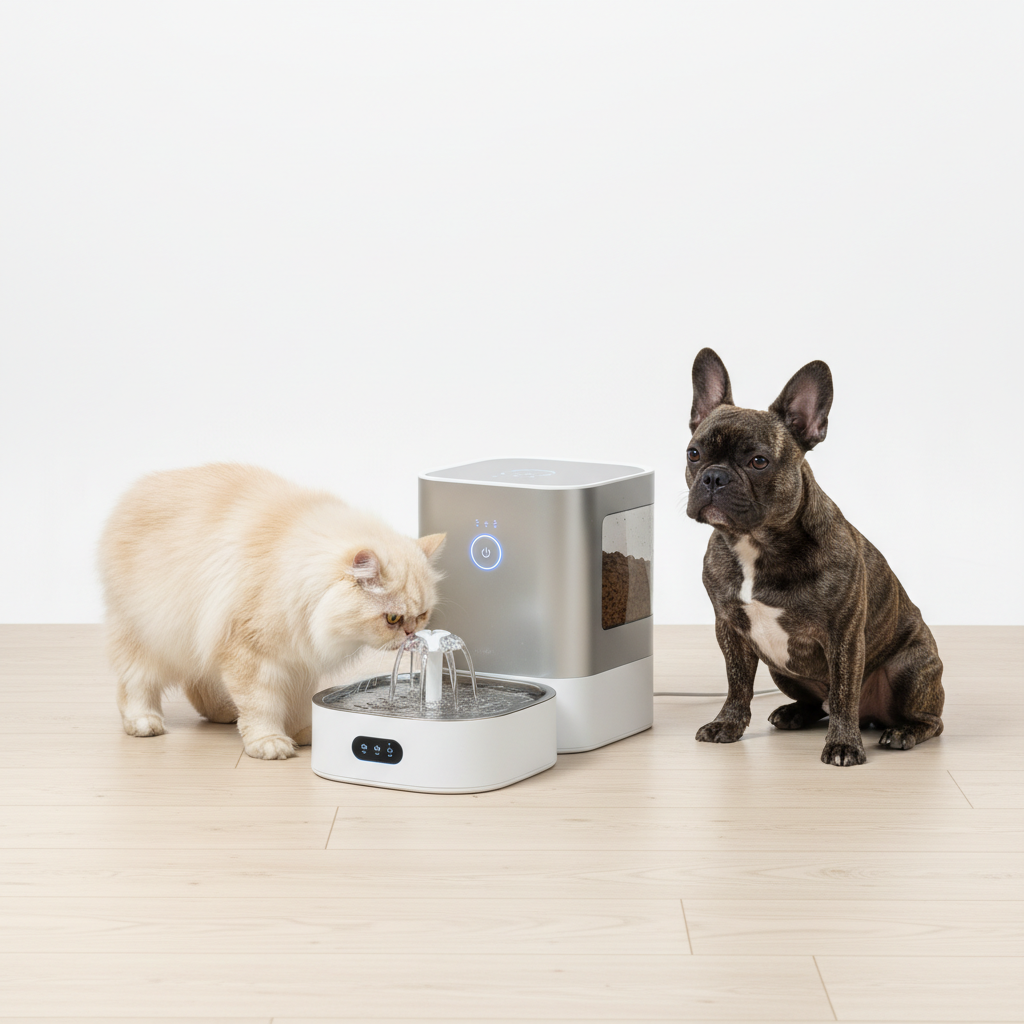A sleek, minimalist automatic pet feeder and a matching water fountain placed on a clean, light wood floor. A fluffy cat is gracefully drinking from the fountain's stream, while a French Bulldog sits patiently beside the feeder. The products look modern and high-tech. Studio product shot, clean background, sharp focus.