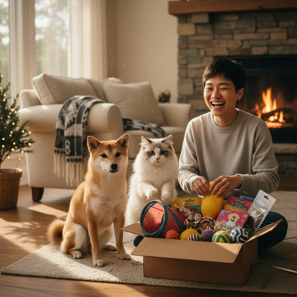A cozy and warm living room scene, a young Vietnamese person is laughing with joy while unwrapping a gift. A playful Shiba Inu dog and a curious Ragdoll cat are looking on with interest. The gift box is filled with pet toys and accessories. Soft, natural light streams through a window, creating a heartwarming atmosphere. Photorealistic, detailed, 35mm lens.