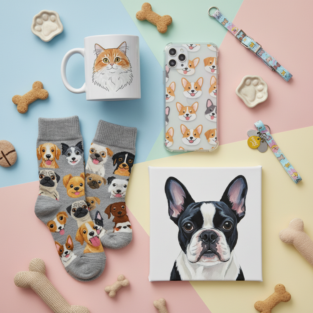 A flat lay composition of various personalized pet-themed items on a pastel-colored background. Includes a coffee mug with a cat's portrait, a phone case with a Corgi pattern, a pair of socks with repeating dog faces, and a custom pet portrait canvas. The items are arranged artfully. Bright, commercial photography style, vibrant colors.