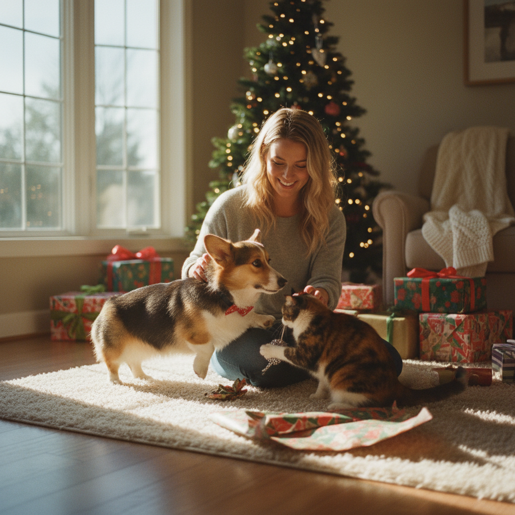 Một cô gái trẻ đang cười rạng rỡ, ngồi trên sàn nhà ấm cúng và chơi đùa với chú chó Corgi và một chú mèo tam thể của mình. Xung quanh họ là những món quà được gói xinh xắn. Ánh sáng tự nhiên dịu nhẹ chiếu qua cửa sổ, tạo nên một khung cảnh hạnh phúc và bình yên. Phong cách nhiếp ảnh chân thực, màu sắc ấm áp, cinematic.