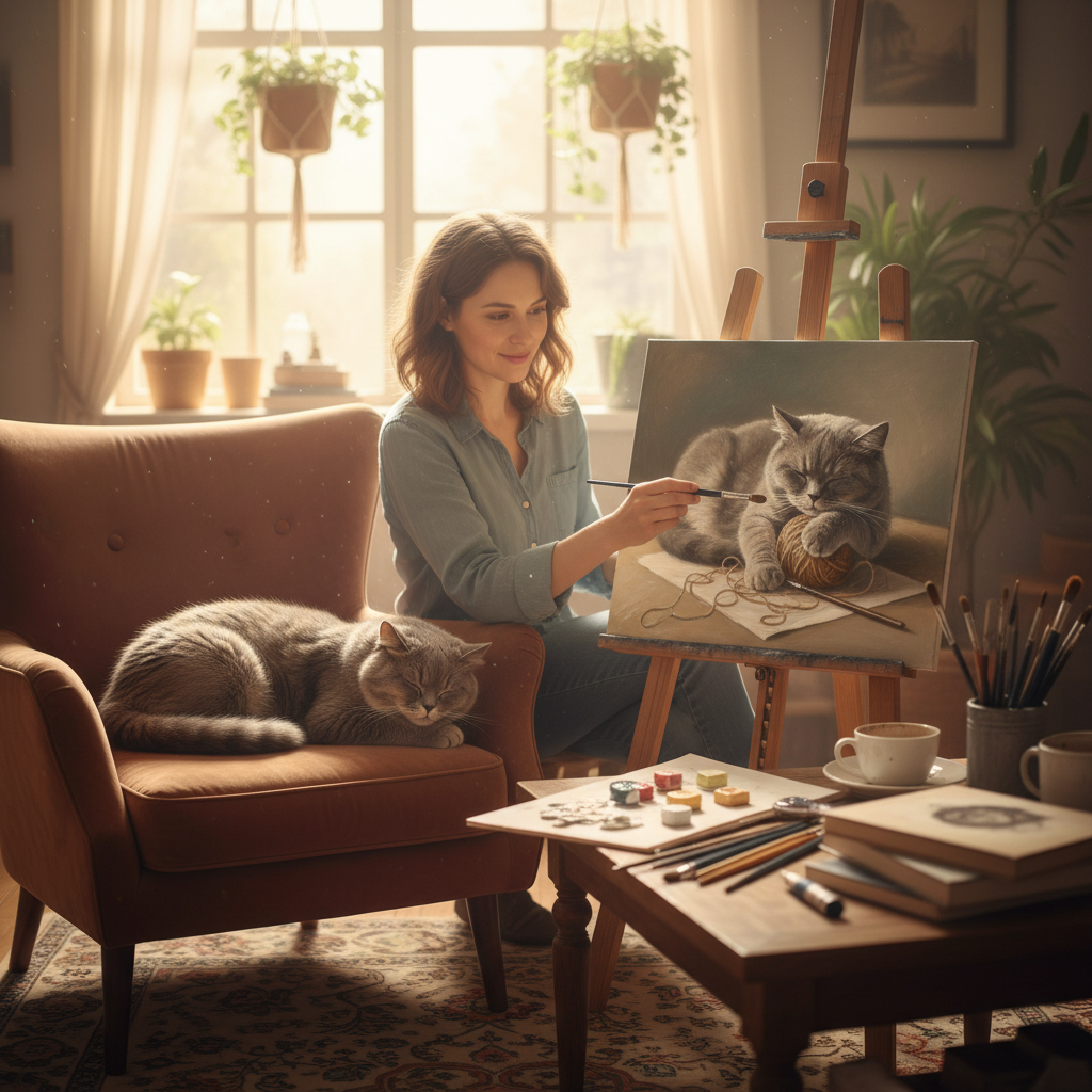 Một xưởng vẽ ấm cúng, ngập tràn ánh nắng. Một nữ họa sĩ đang mỉm cười, nhẹ nhàng chấm những nét cọ cuối cùng lên bức tranh sơn dầu vẽ một chú mèo Anh lông ngắn đang tinh nghịch vờn cuộn len. Chú mèo thật đang cuộn tròn ngủ say trên chiếc ghế bành gần đó. Phong cách ảnh chân thực, ấm áp, ánh sáng dịu nhẹ, tập trung vào sự kết nối giữa nghệ sĩ, tác phẩm và 'người mẫu'.