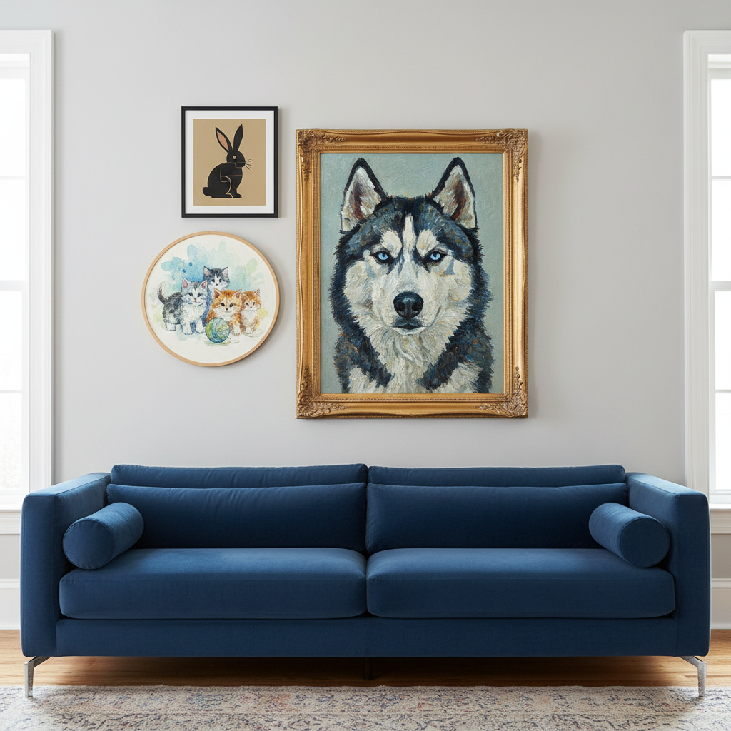 Một bức tường phòng khách được trang trí nghệ thuật với nhiều bức tranh chân dung thú cưng theo các phong cách khác nhau: một bức sơn dầu tả thực một chú chó Husky với đôi mắt xanh biếc, một bức màu nước vẽ một đàn mèo con đang chơi đùa, và một bức tranh kỹ thuật số theo phong cách tối giản vẽ hình bóng của một chú thỏ. Các bức tranh có kích thước và khung khác nhau, tạo nên một tổng thể hài hòa và độc đáo.