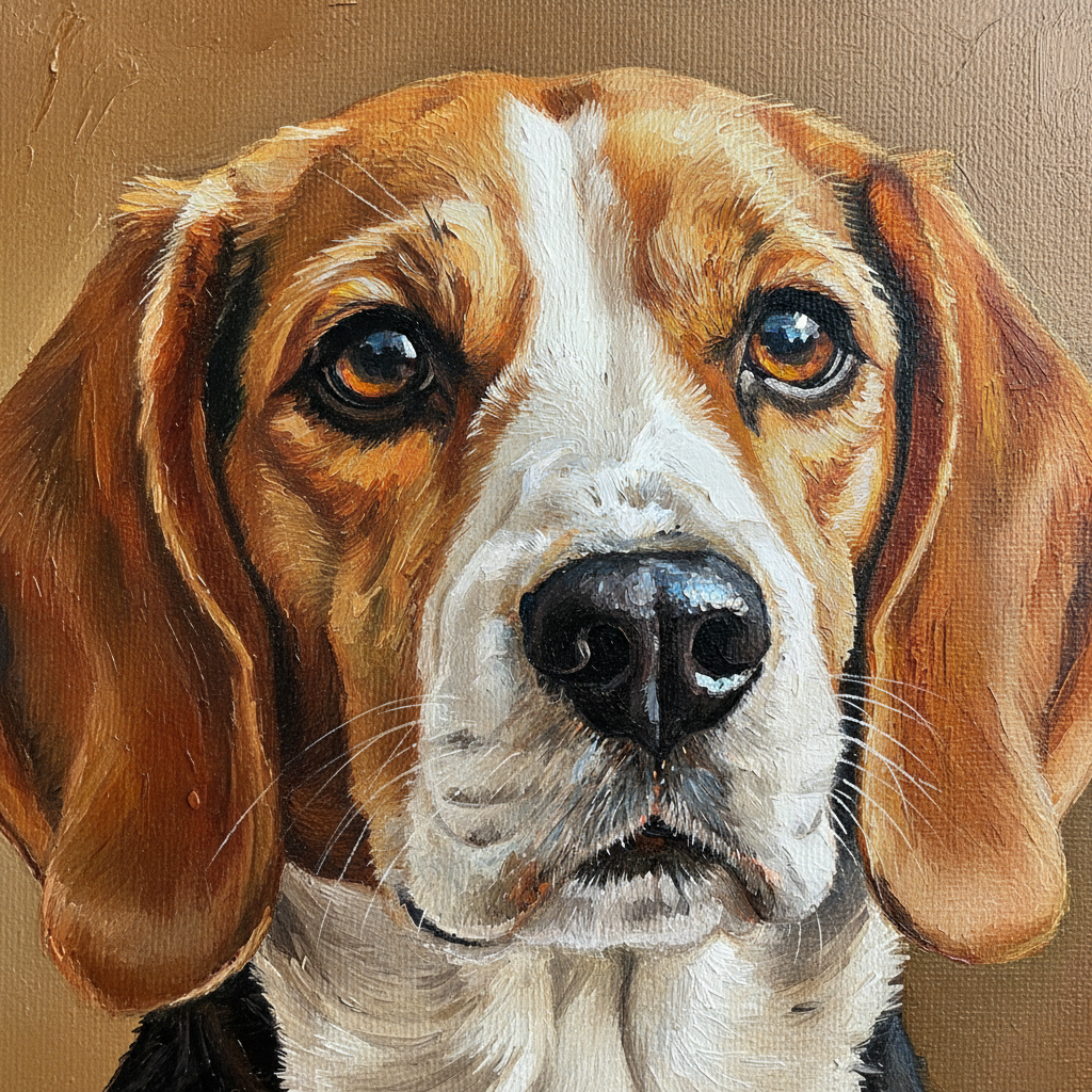 Cận cảnh một bức tranh sơn dầu đã hoàn thành, tập trung vào đôi mắt long lanh và chiếc mũi ươn ướt của một chú chó Beagle. Có thể thấy rõ từng lớp sơn dày, kết cấu của vải canvas và ánh sáng phản chiếu trong mắt chú chó, tạo cảm giác cực kỳ sống động và có hồn. Bầu không khí mang đầy cảm xúc và sự chiêm nghiệm.
