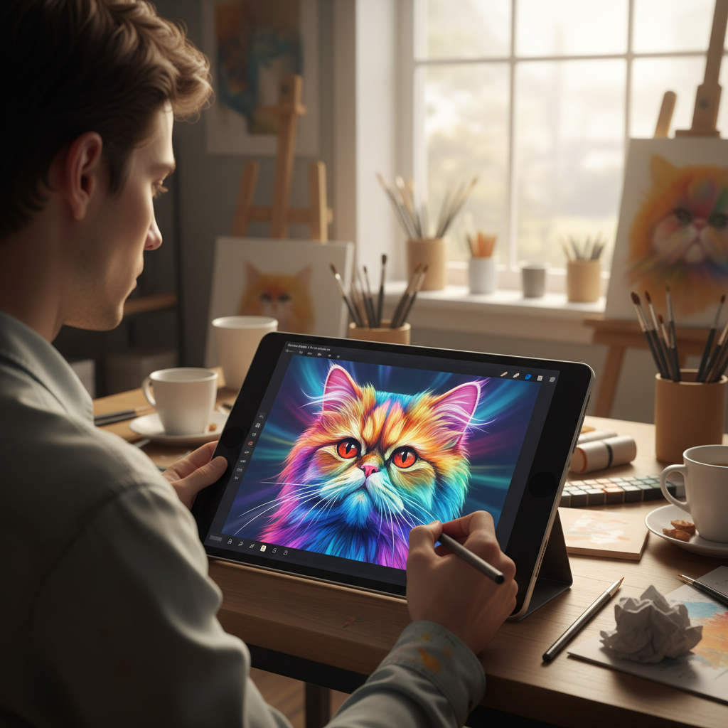 Một họa sĩ kỹ thuật số đang dùng bút stylus vẽ chân dung một chú mèo Ba Tư trên máy tính bảng đồ họa. Màn hình hiển thị các lớp màu sắc rực rỡ và các chi tiết bộ lông phức tạp. Bối cảnh là một studio nghệ thuật với ánh sáng dịu nhẹ, thể hiện sự tập trung và sáng tạo của người nghệ sĩ. Chụp từ góc nhìn qua vai, làm nổi bật quá trình sáng tạo.