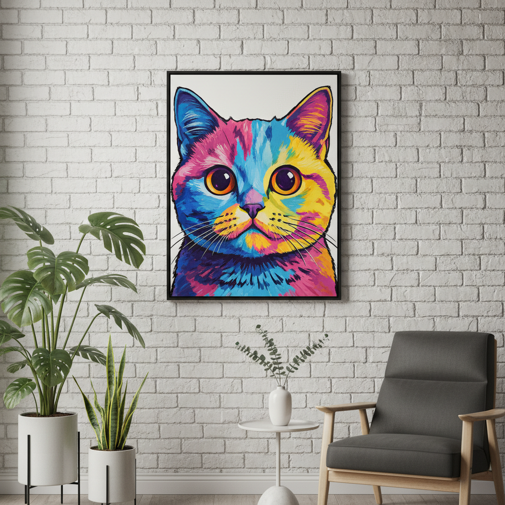 Cận cảnh một bức tranh chân dung thú cưng theo phong cách pop-art, vẽ một chú mèo Anh lông ngắn với đôi mắt to tròn. Bức tranh được treo trên một bức tường gạch trắng trong một căn hộ studio hiện đại, bên cạnh là một vài cây xanh và đồ nội thất tối giản. Bố cục tối giản, màu sắc rực rỡ, tập trung vào chi tiết và kết cấu của bức tranh.