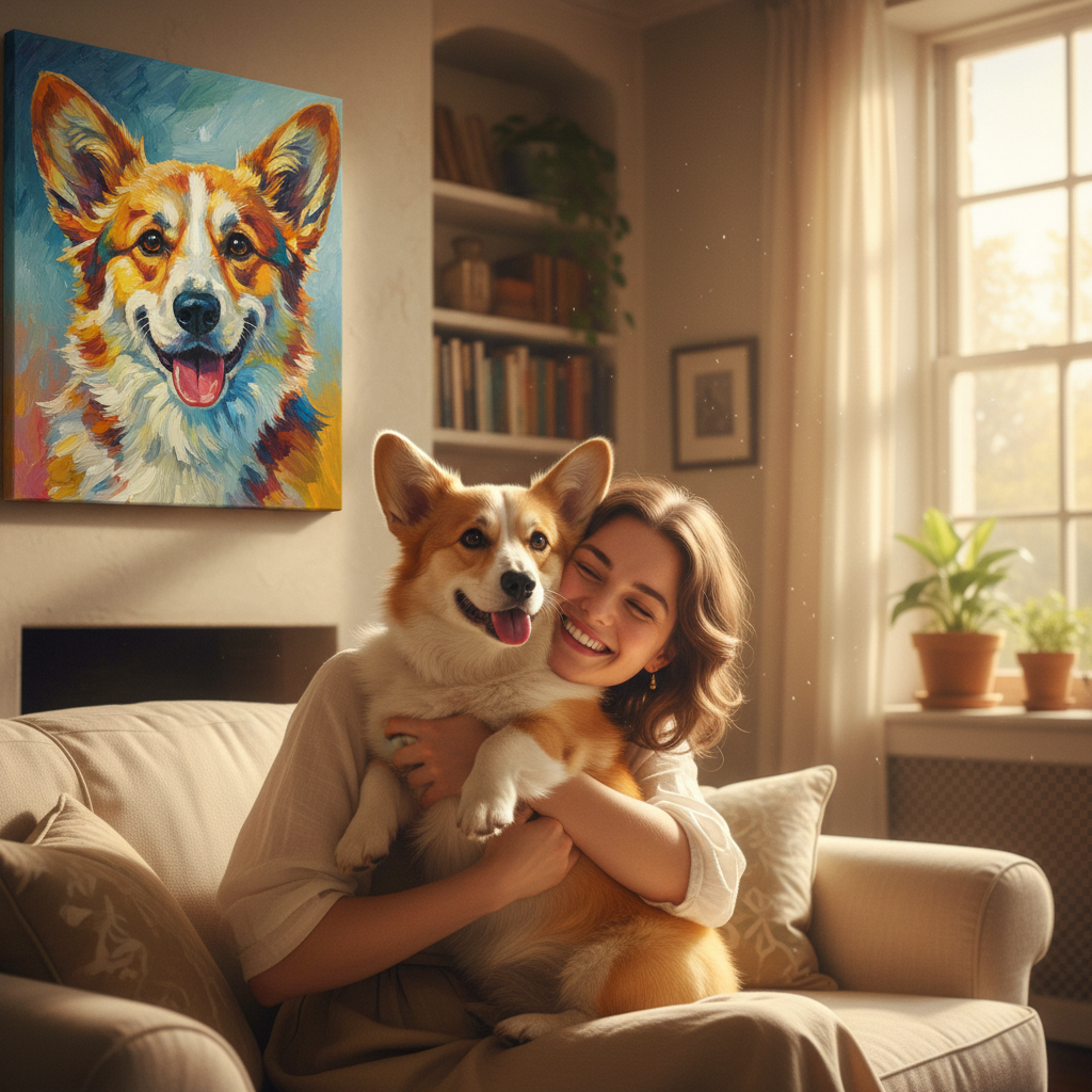 Một cô gái trẻ đang mỉm cười hạnh phúc, ôm chú chó Corgi của mình trong vòng tay. Bên cạnh họ trên tường là một bức tranh sơn dầu vẽ chân dung chính chú chó đó với phong cách nghệ thuật, màu sắc tươi sáng. Ánh nắng ấm áp chiếu vào căn phòng, tạo nên một không khí ấm cúng và đầy yêu thương. Chụp ảnh theo phong cách điện ảnh, ánh sáng tự nhiên, độ sâu trường ảnh nông.