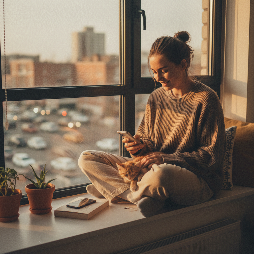 Một người trẻ Gen Z ngồi trên bệ cửa sổ trong một căn phòng hiện đại, ánh sáng hoàng hôn dịu nhẹ chiếu vào. Bên ngoài là khung cảnh thành phố nhộn nhịp. Họ đang mỉm cười thanh thản, một tay lướt điện thoại đã đặt xuống, tay kia đang vuốt ve một chú mèo con đang cuộn tròn ngủ yên trong lòng. Không khí toát lên sự bình yên, tĩnh lặng, đối lập với sự hối hả bên ngoài. Phong cách nghệ thuật: lo-fi, ấm áp, có chút hạt (grainy).
