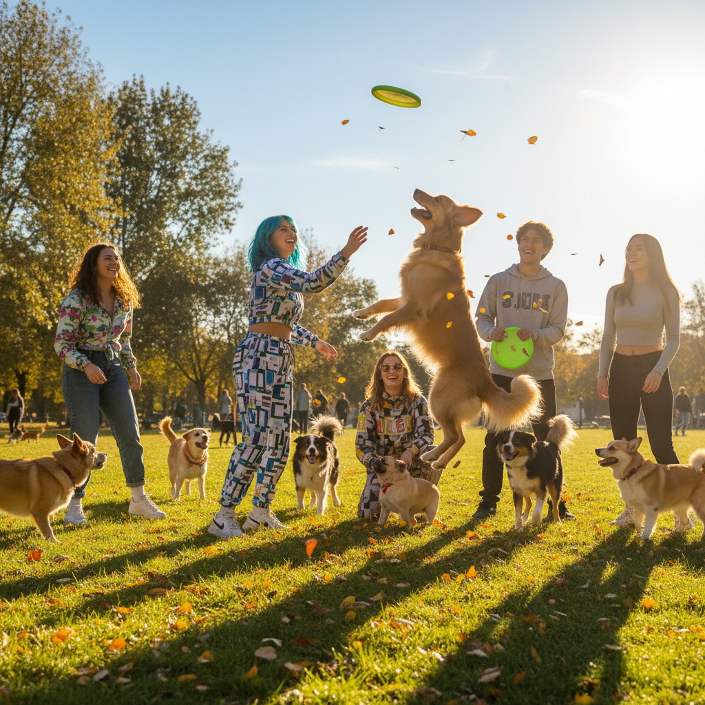 Một công viên ngập nắng, một nhóm bạn trẻ Gen Z đang vui vẻ chơi ném đĩa với những chú chó của mình. Tiếng cười rộn rã, không khí năng động và đầy sức sống. Hình ảnh thể hiện sự kết nối xã hội, niềm vui vận động và sự gắn kết cộng đồng yêu thú cưng. Màu sắc tươi sáng, rực rỡ, tốc độ màn trập nhanh để bắt trọn khoảnh khắc hành động.