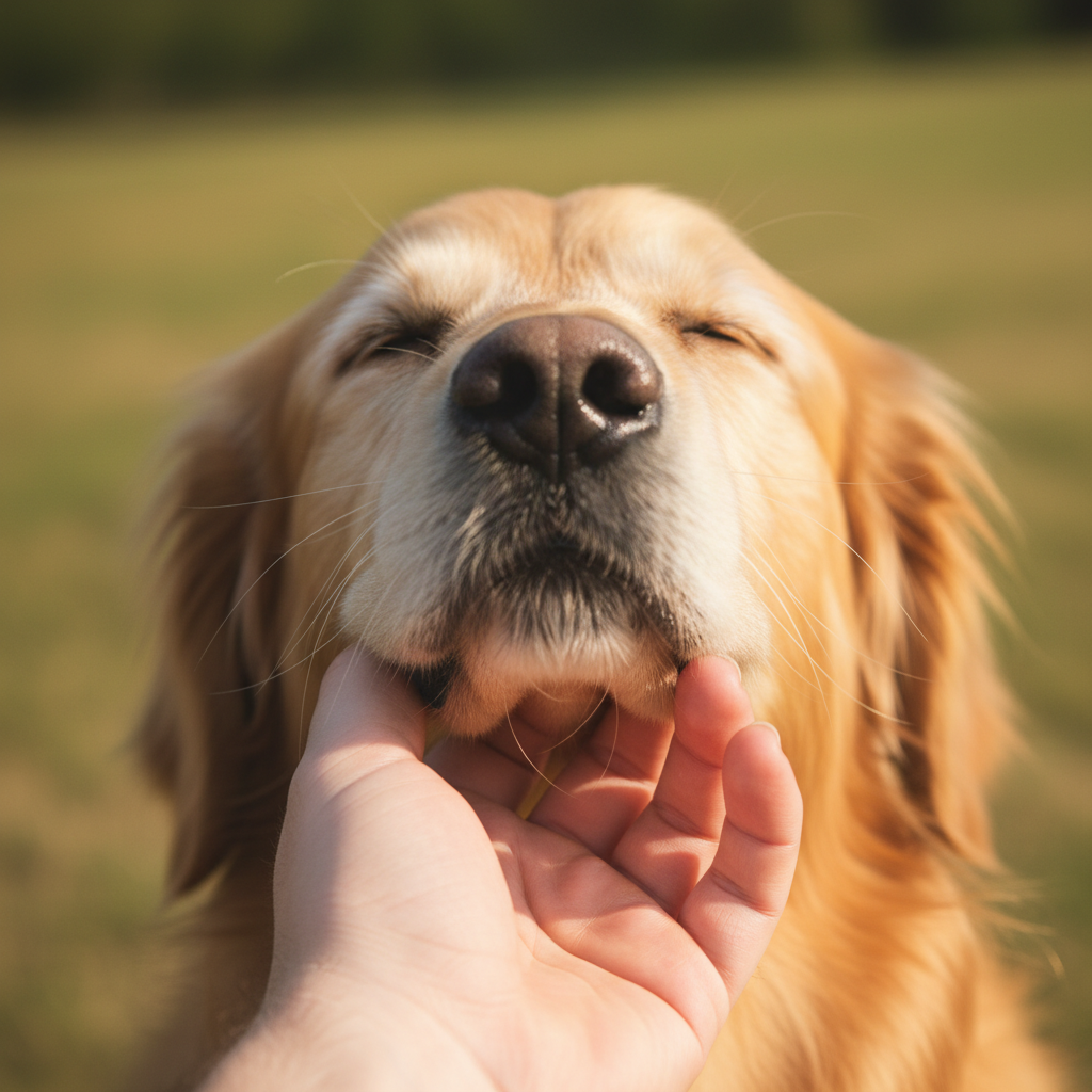 Ảnh chụp cận cảnh, góc thấp, ghi lại khoảnh khắc một bàn tay nhẹ nhàng gãi cằm một chú chó golden retriever. Chú chó nhắm mắt tận hưởng, vẻ mặt đầy tin tưởng và mãn nguyện. Ánh sáng mềm mại, tập trung vào sự kết nối qua cử chỉ, làm nổi bật kết cấu của bộ lông và cảm xúc chân thật. Độ sâu trường ảnh nông (shallow depth of field) để làm mờ hậu cảnh.