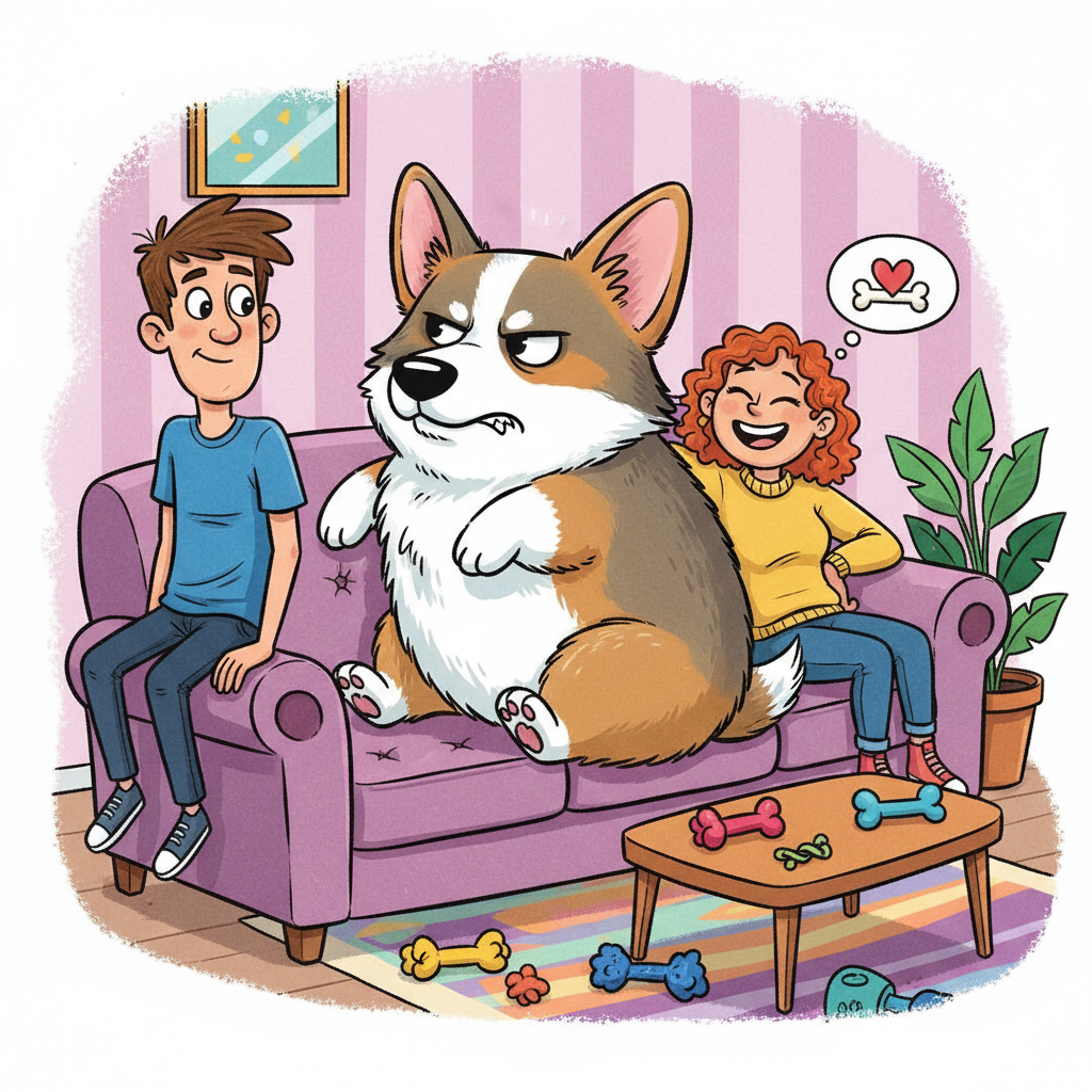 A humorous, slightly exaggerated cartoon-style illustration. A young man is trying to sit on a couch next to his girlfriend, but a large, grumpy-looking Corgi is occupying the entire space between them, giving him a defiant side-eye. The girlfriend is looking on with amusement. The colors are bright and playful, capturing a funny, relatable moment. --ar 4:3 --style funny cartoon