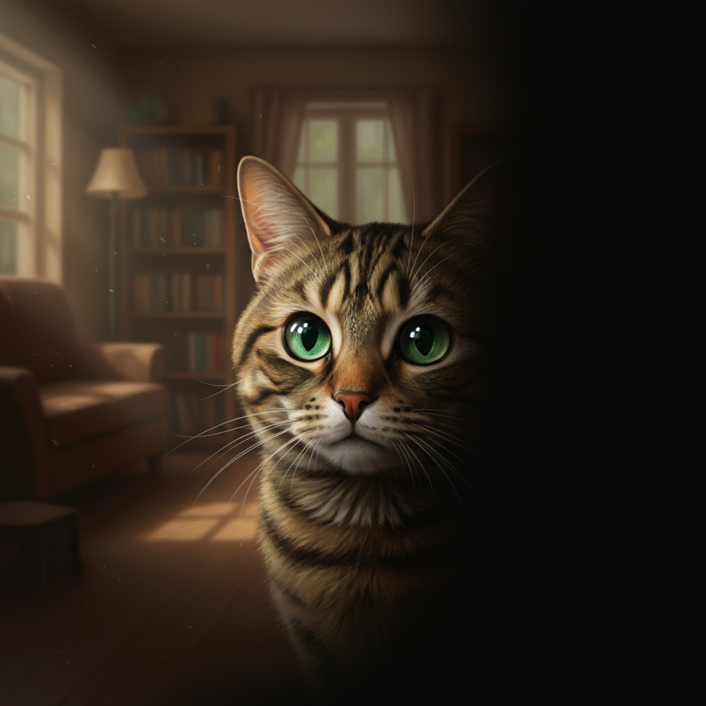 A beautifully detailed, hyper-realistic digital painting of a tabby cat peering from the shadows. Its large, green eyes are expressive and hint at a hidden worry. The lighting is soft and dramatic, creating a chiaroscuro effect. The background is a cozy but dimly lit living room, out of focus. The overall mood is quiet and contemplative. 4K resolution, cinematic lighting.